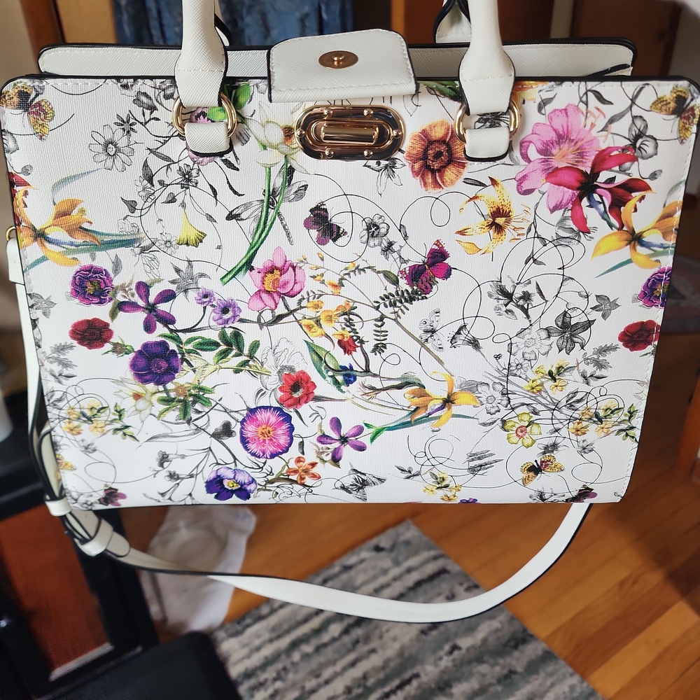 White Floral Print Tote Bag with Gold Hardware